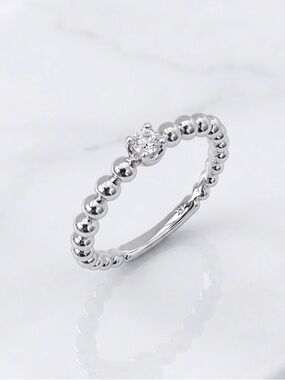 Platinum Plated Beaded Ring w/ CZ Stone | Silver Tone Solitaire Beaded Ring